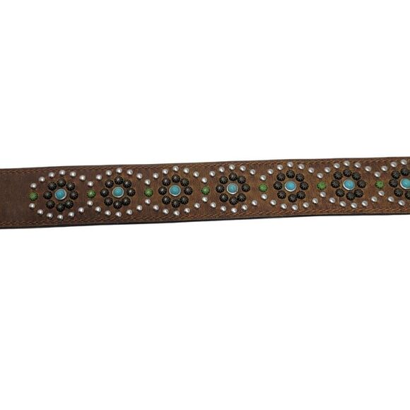 Nocona Leather Western Belt Studs Stones 30" S Brown Circle Flower Blue Silver - Picture 8 of 10